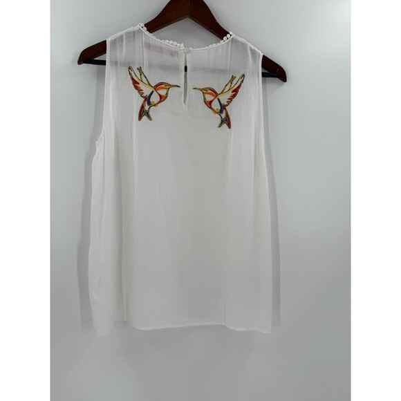 Desigual Women’s Embroidered Bird Scoop Neck Tank Top White Size XSMALL EUC - Picture 2 of 6